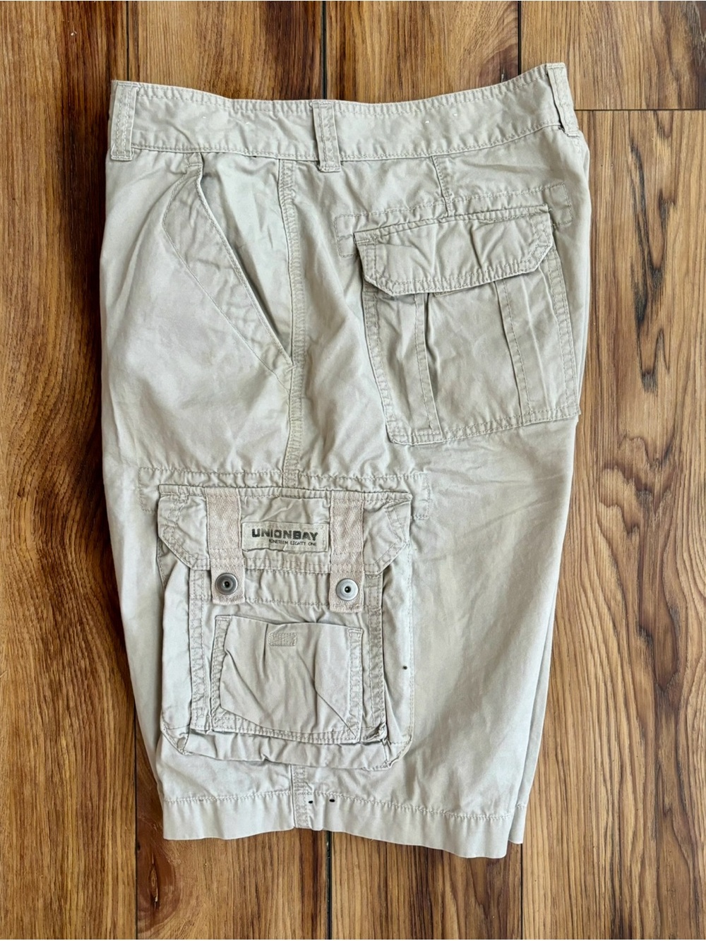 UNIONBAY Mens Utility Cargo Shorts Beige Khaki Cotton Faded Sz 34 Worn ONCE!
